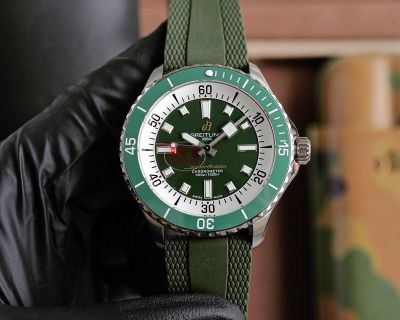 Breitling Superocean Rubber Strap Replacement Ceramic Bezel Sapphire Glass Green Dial Watch
